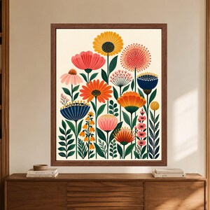 Colorful Floral Wall Art, Mid Century Botanical Print, Retro Folk Flower Poster, Digital Download image 8