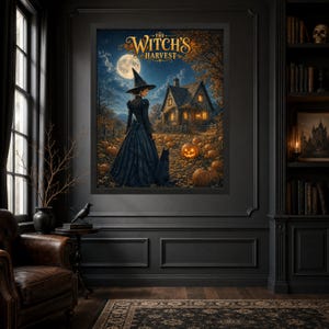 May include: A framed wall art print titled The Witch's Harvest, depicting a figure in a black gown and pointed hat standing with a black cat before a cottage at night. The scene features a full moon, autumn trees, and glowing jack-o'-lanterns.