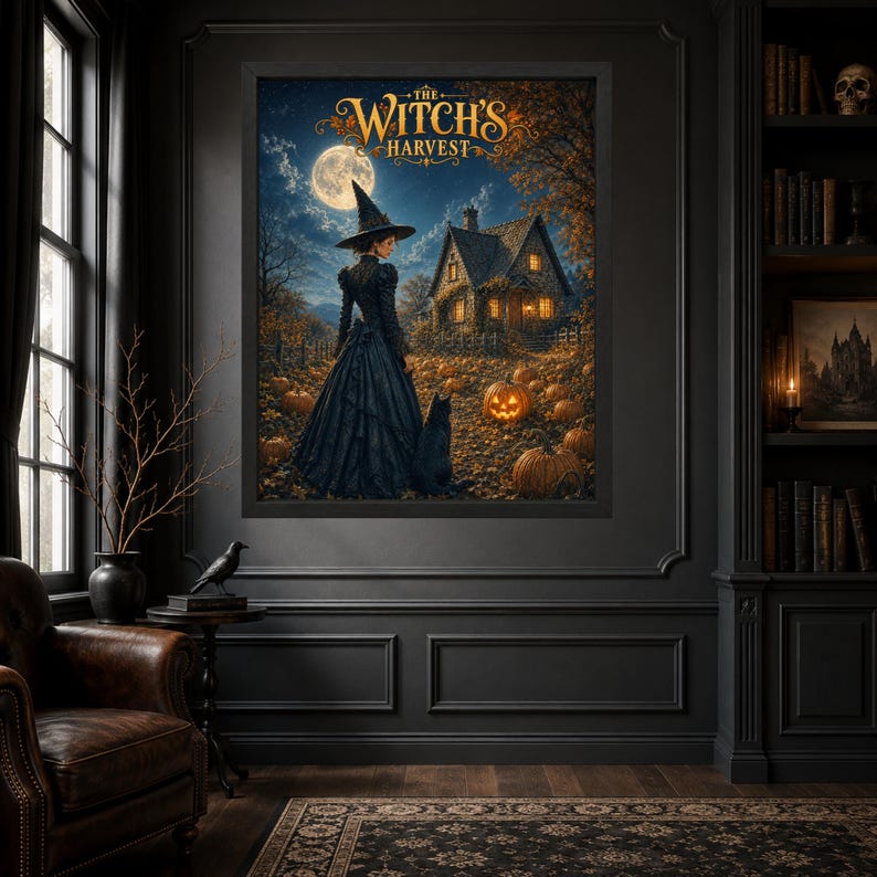 May include: A framed wall art print titled The Witch's Harvest, depicting a figure in a black gown and pointed hat standing with a black cat before a cottage at night. The scene features a full moon, autumn trees, and glowing jack-o'-lanterns.
