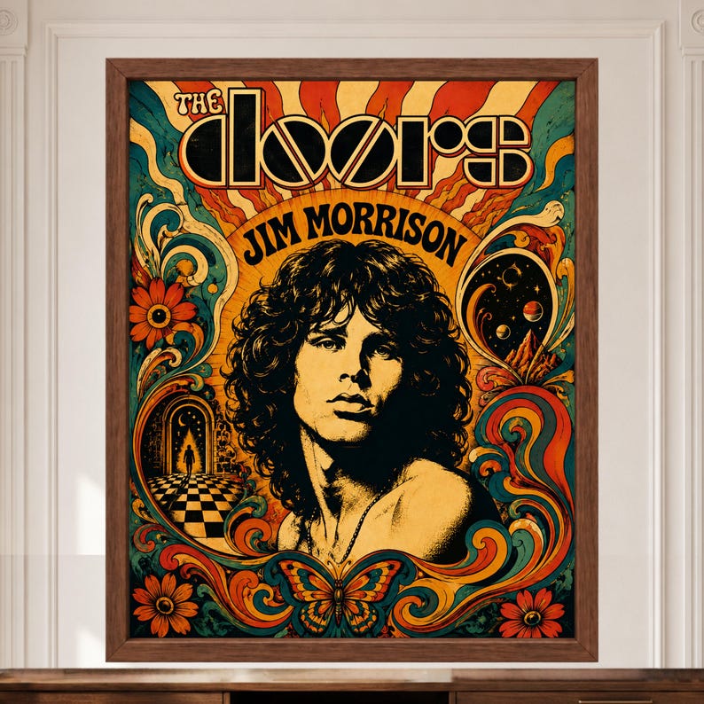May include: A framed poster featuring a portrait of Jim Morrison centred amidst psychedelic artwork. The text reads The Doors and Jim Morrison. The design includes swirling orange, teal, and yellow patterns, flowers, a butterfly, and a checkered floor.