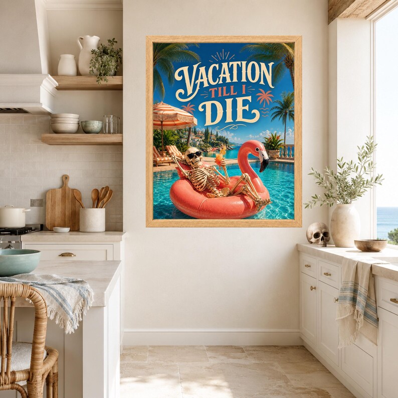 Funny Skeleton Flamingo Pool Poster, Tropical Summer Decor (Digital Download) image 6