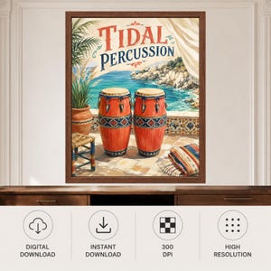 May include: A framed wall art print titled Tidal Percussion featuring two orange conga drums on a tiled patio overlooking a coastal scene with a potted palm plant, a small wooden stool, and a folded striped textile in the foreground.