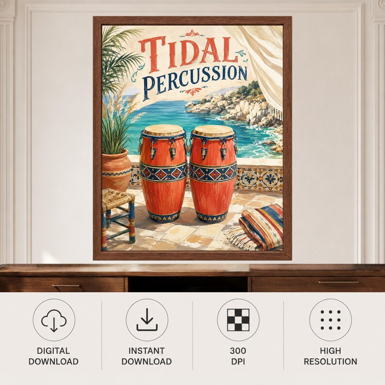 May include: A framed wall art print titled Tidal Percussion featuring two orange conga drums on a tiled patio overlooking a coastal scene with a potted palm plant, a small wooden stool, and a folded striped textile in the foreground.