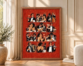 Italian Dining Scene Print, Red Restaurant Art, Wine Pasta Poster (Digital Download)