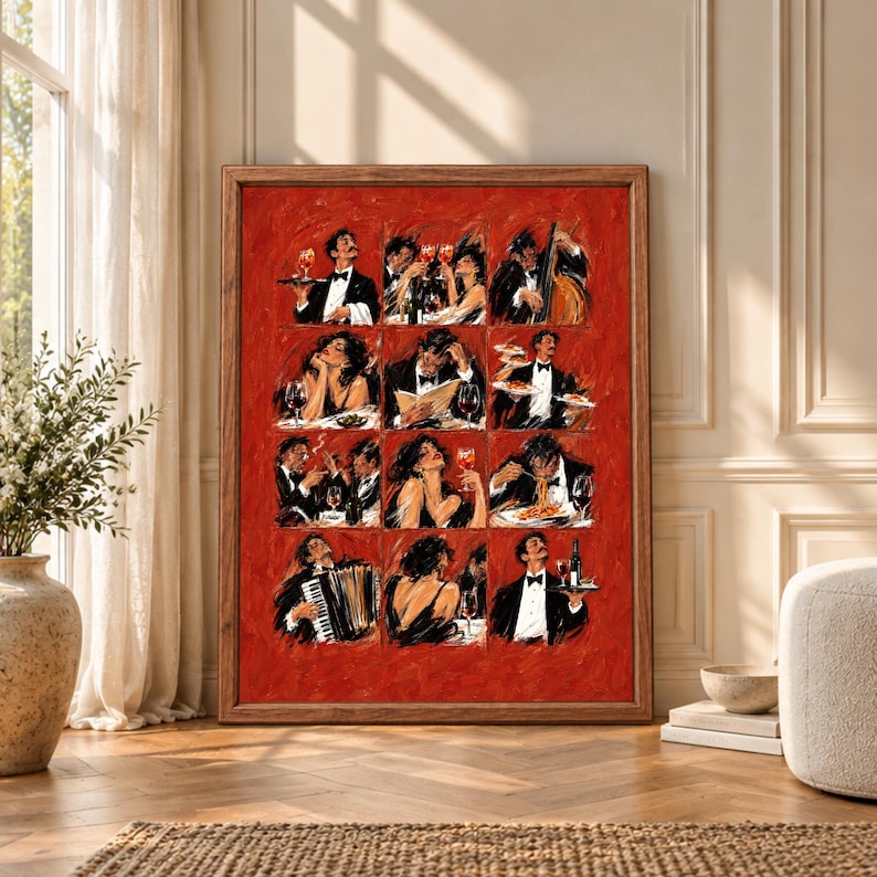 Framed red restaurant wall art showing waiters, diners, wine glasses, pasta and an accordion player across twelve expressive painted dining scenes.