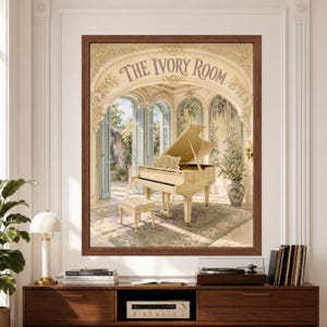 Framed The Ivory Room piano wall art featuring an elegant ivory grand piano inside a bright classical salon with ornate arches, floral walls, pale blue shutters and soft garden light.