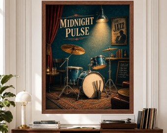 Midnight Pulse Jazz Drum Set Poster, Vintage Club Atmosphere (Digital Download)