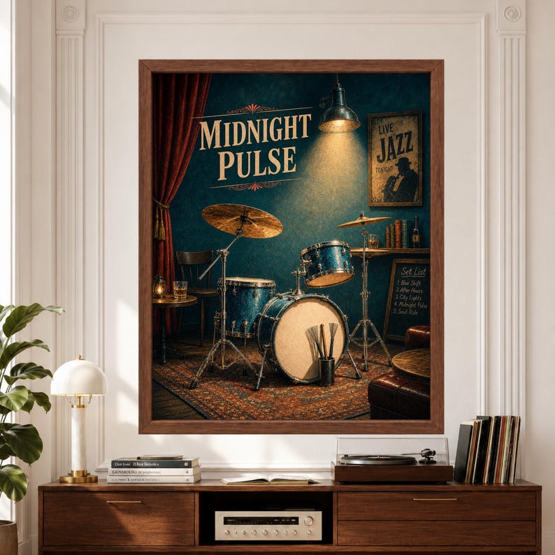 Framed Midnight Pulse jazz wall art featuring a blue drum set beneath a warm stage light in a vintage jazz lounge with cymbals, drum brushes, handwritten set list, velvet curtain and live jazz poster.