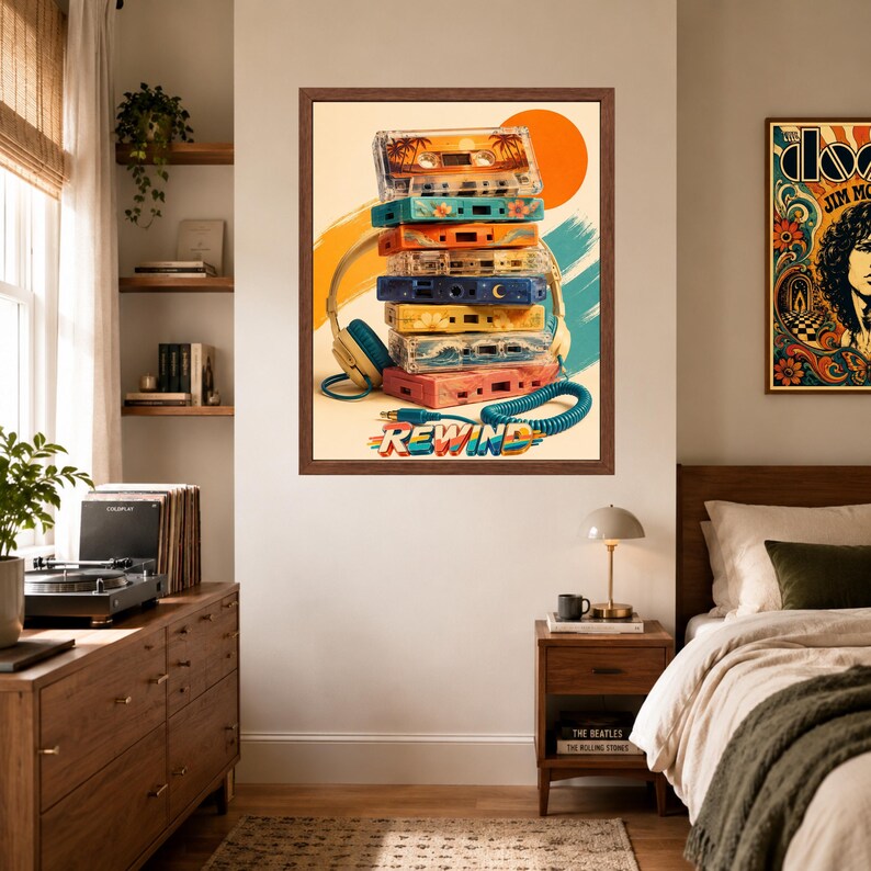 Puede incluir: Una impresi&oacute;n art&iacute;stica enmarcada que muestra una pila vertical de seis casetes de colores y un par de auriculares. La obra incluye un sol naranja brillante, pinceladas abstractas y la palabra REWIND en letras llamativas y multicolores.