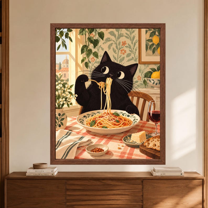 Black Cat Spaghetti Print, Italian Kitchen Art, Pasta Lover Poster (Digital Download) image 8
