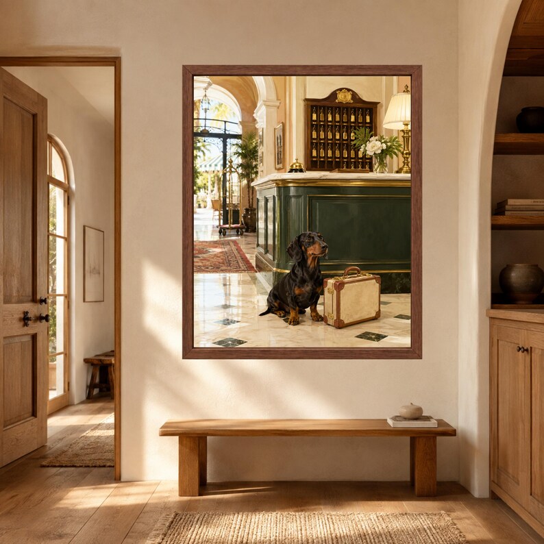 May include: A framed wall art print depicting a hotel lobby scene with a black and tan dachshund sitting on a marble floor next to a vintage-style beige suitcase. The background shows a dark green reception desk, a key rack, and a lamp.