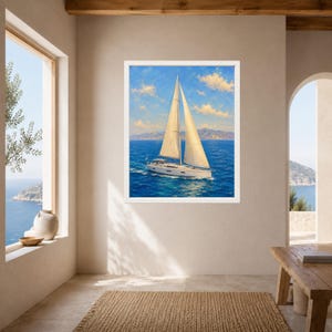May include: A framed wall art print featuring an oil painting of a white sailboat with two sails navigating deep blue ocean waters under a bright sky with scattered clouds, with distant mountains visible on the horizon line in the background.
