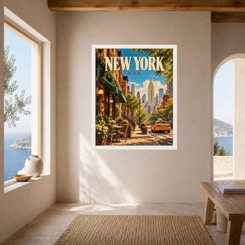 May include: A framed wall art print featuring a New York City street scene with the text NEW YORK USA at the top. The image displays a sidewalk cafe with tables and chairs, lush green trees, a yellow taxi cab, and skyscrapers in the distance.