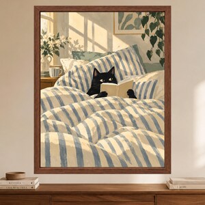 Black Cat Reading in Bed Print, Cozy Bedroom Wall Art (Digital Download) image 2