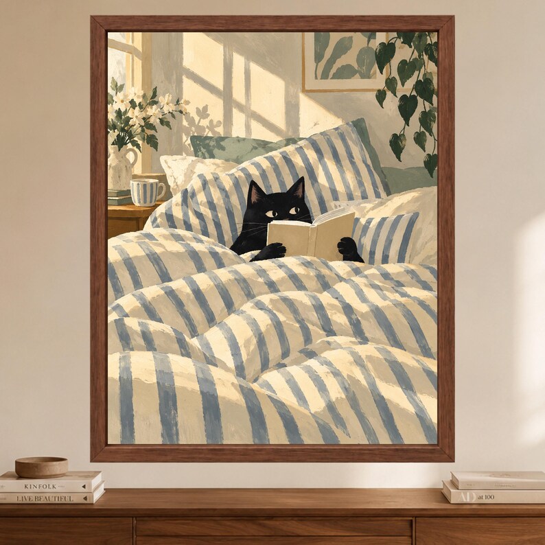 Black Cat Reading in Bed Print, Cozy Bedroom Wall Art (Digital Download) image 2