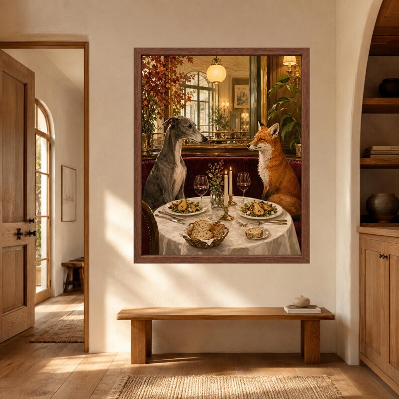 May include: A framed wall art print depicting a grey whippet and a red fox sitting at a round dining table. The table is set with white plates of food, wine glasses, candles, and a basket of bread, all within a warm, dimly lit interior setting.