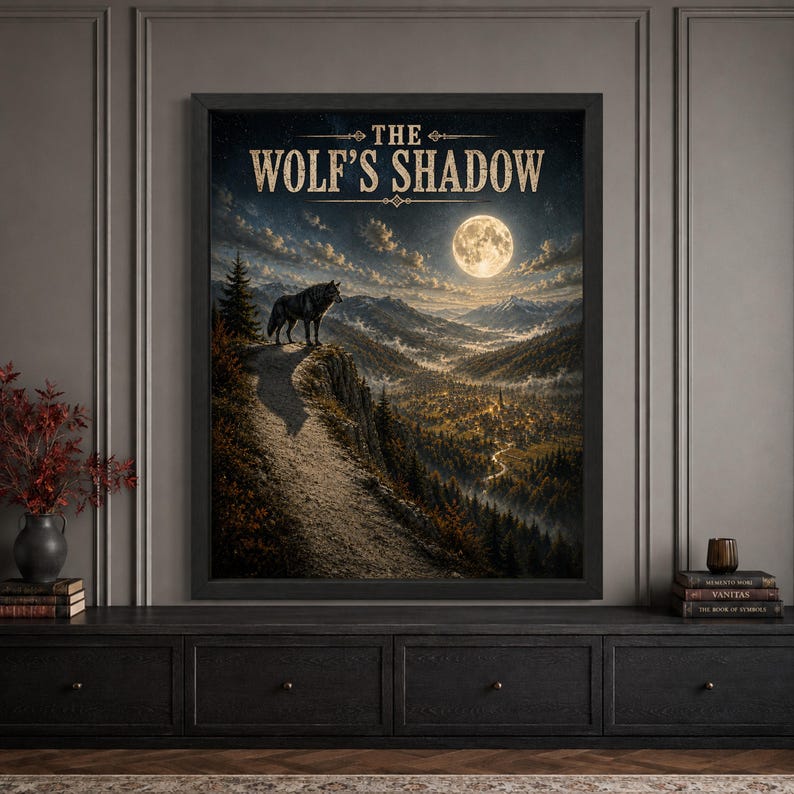 Framed wolf Halloween wall art featuring a lone black wolf on a mountain ridge beneath a glowing full moon, overlooking a misty autumn valley and distant village with dramatic “The Wolf’s Shadow” typography.