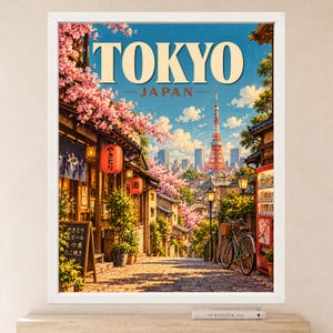 Tokyo Travel Poster, Cherry Blossom Street Scene, Japan City Art (Digital Download) image 2