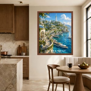 May include: A framed wall art print depicting a coastal city with white buildings, a tall tower, and terraced gardens overlooking a blue harbor. Several boats are docked along the stone quay, and the text SOLARA QUAY is printed at the bottom.