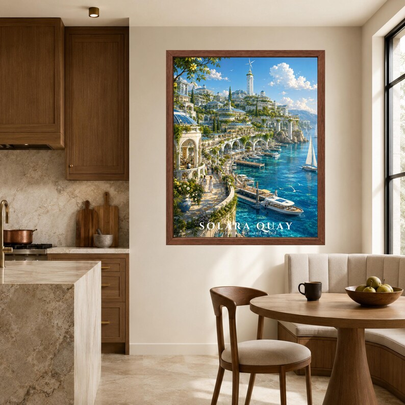 May include: A framed wall art print depicting a coastal city with white buildings, a tall tower, and terraced gardens overlooking a blue harbor. Several boats are docked along the stone quay, and the text SOLARA QUAY is printed at the bottom.