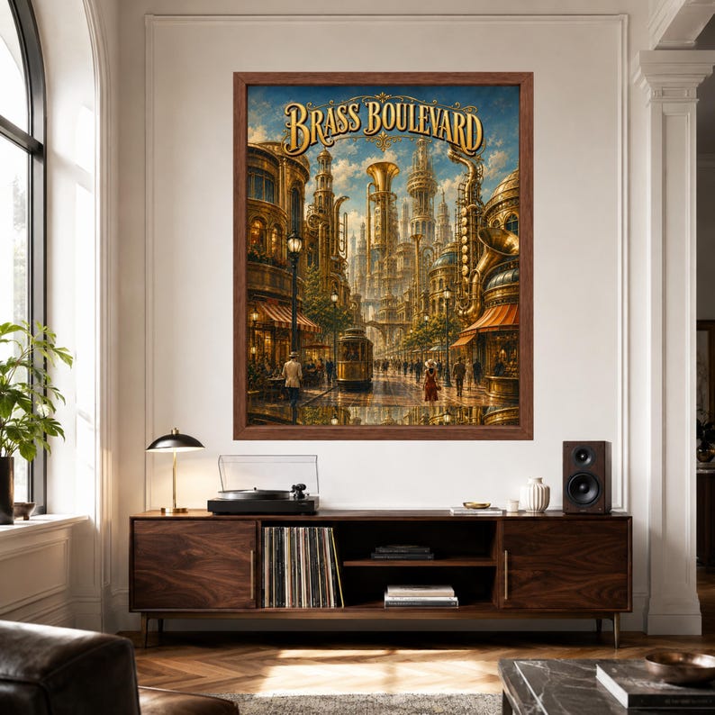 May include: A framed wall art print titled Brass Boulevard, depicting a city street scene with golden brass musical instruments integrated into the architecture, including a tuba and saxophone, under a blue sky with clouds.