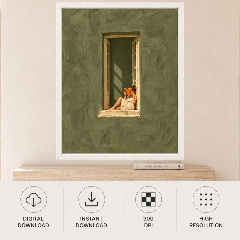 May include: A framed wall art print featuring a textured olive green wall with a central open window. A figure in a light-colored dress sits in the window frame reading an orange book, with sunlight casting shadows across the interior space.