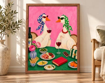 Wydruk na imprezę z motywem wina i kaczki, różowa dekoracja kuchni, szykowna sztuka zwierząt na brunch (pobranie cyfrowe)