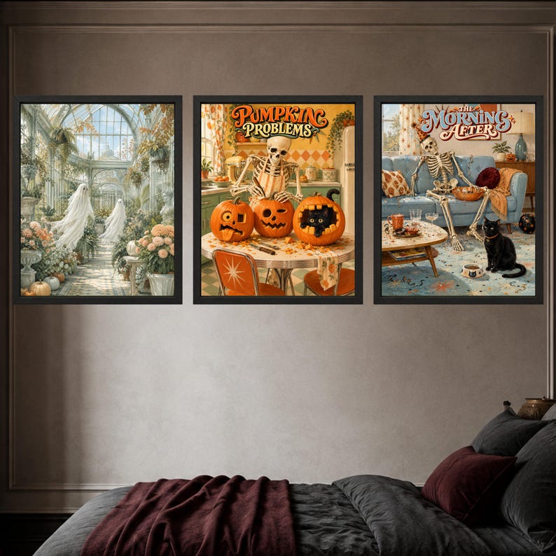 May include: Three framed wall art prints featuring Halloween themes. The left shows ghosts in a greenhouse. The center, titled PUMPKIN PROBLEMS, depicts a skeleton carving pumpkins. The right, titled THE MORNING AFTER, shows a skeleton on a sofa.