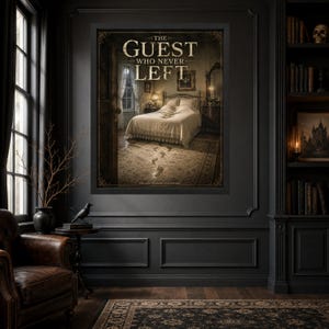 May include: A framed wall art print titled The Guest Who Never Left, featuring a sepia-toned bedroom scene with a made bed, a doorway, and visible footprints on the floor. The text is centered at the top, with Vintage Horror Collection at the bottom.