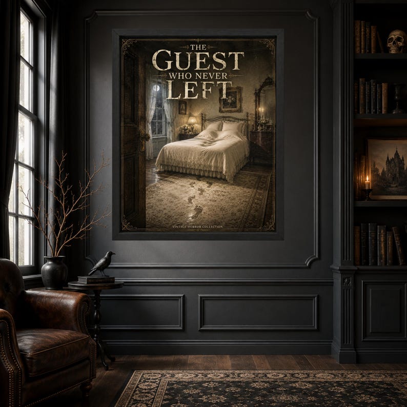 May include: A framed wall art print titled The Guest Who Never Left, featuring a sepia-toned bedroom scene with a made bed, a doorway, and visible footprints on the floor. The text is centered at the top, with Vintage Horror Collection at the bottom.