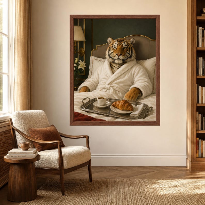 May include: A framed wall art print depicting a tiger wearing a white plush bathrobe, sitting up in bed with a silver tray holding a cup of coffee and a croissant. The tiger has orange and black fur and is positioned against a headboard.