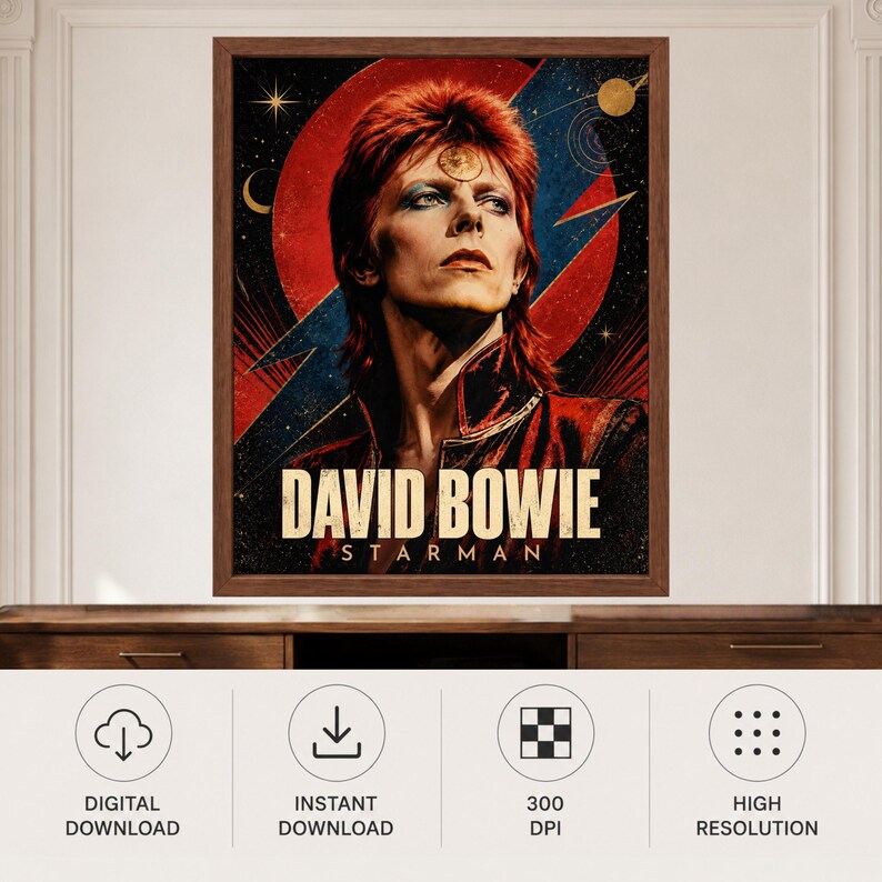 May include: A framed wall art print featuring a portrait of David Bowie with red hair, blue eyeshadow, and a gold circular emblem on the forehead. The background displays a large red circle, a blue lightning bolt, stars, and the text DAVID BOWIE STARMAN.