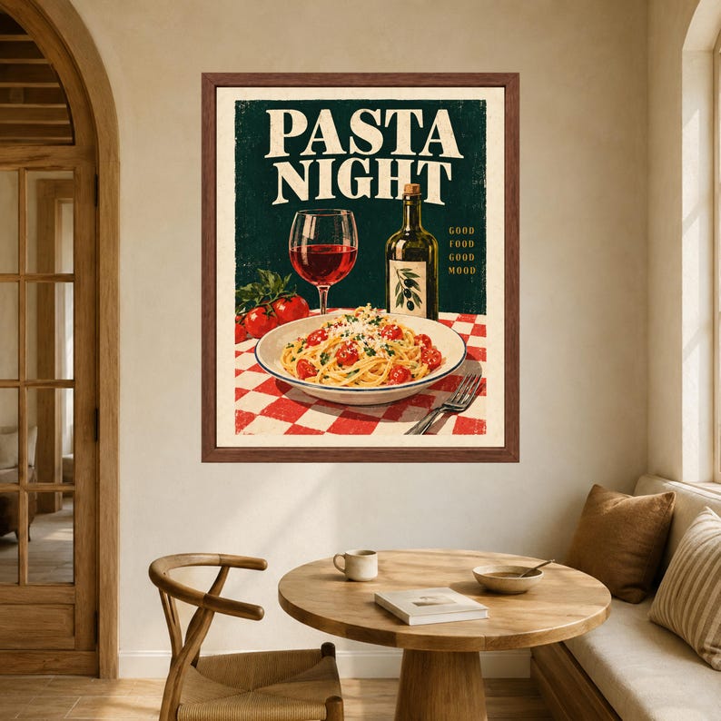 Pasta Night Poster, Retro Italian Kitchen Art, Wine & Olive Oil Print (Digital Download) image 5