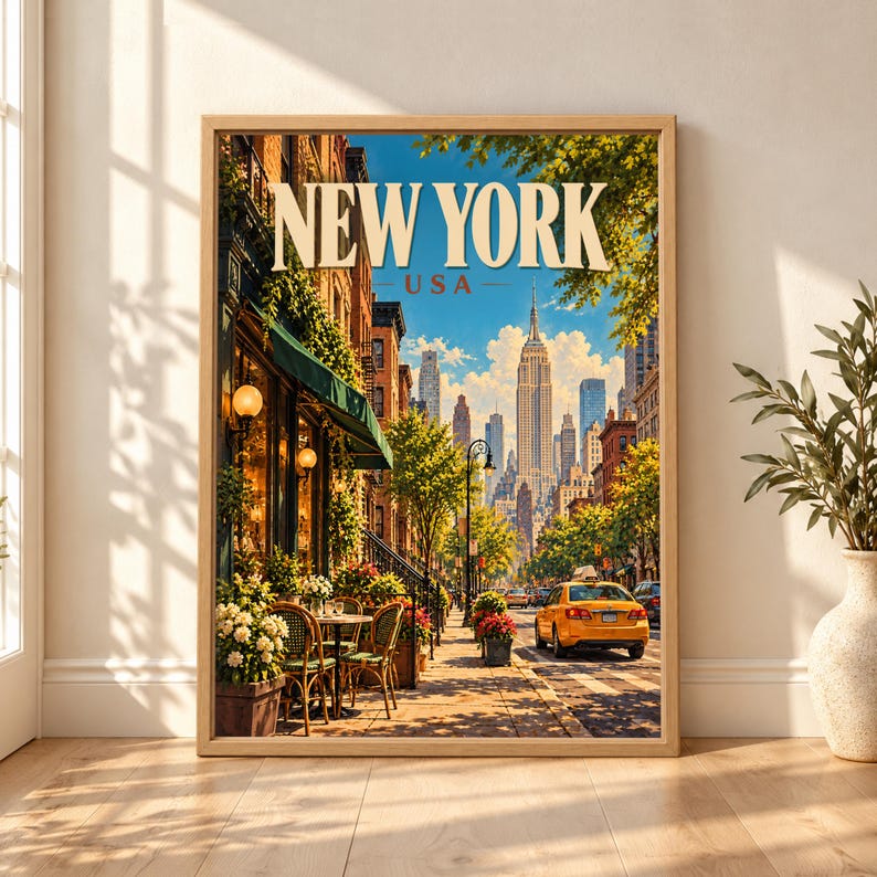 Framed New York USA travel poster showing the Empire State Building above a sunny Manhattan street with a yellow taxi, brick buildings, outdoor café tables, flowers and leafy trees.