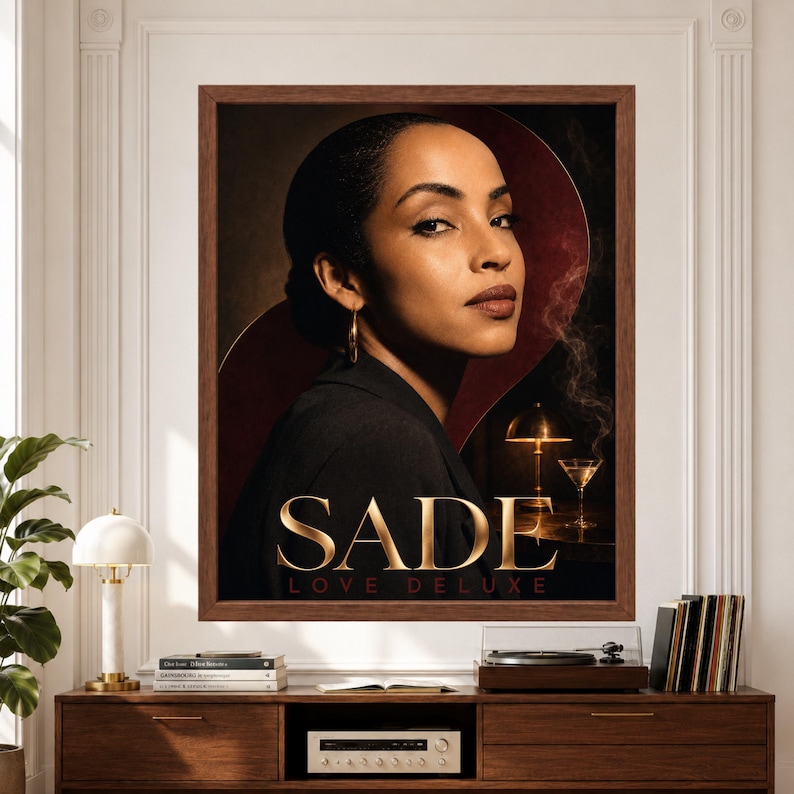 Framed Sade wall art featuring an elegant Love Deluxe inspired music portrait in black, burgundy and gold with geometric curves, warm brass lamp, martini glass and large gold Sade typography above a record player console.