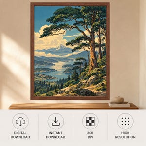 Japanese Landscape Print, Mountain Lake, Pine Trees, Woodblock Style (Digital Download) image 10