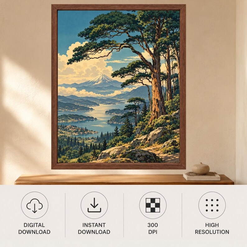 Japanese Landscape Print, Mountain Lake, Pine Trees, Woodblock Style (Digital Download) image 10