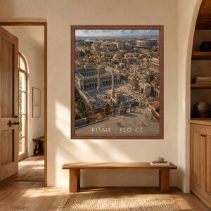 May include: A framed wall art print depicting an aerial view of ancient Rome with the text ROME 120 CE at the bottom. The image shows stone buildings, columns, and the Colosseum under a clear sky, rendered in warm, earthy tones within a brown frame.