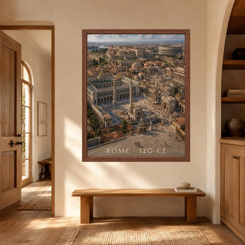 May include: A framed wall art print depicting an aerial view of ancient Rome with the text ROME 120 CE at the bottom. The image shows stone buildings, columns, and the Colosseum under a clear sky, rendered in warm, earthy tones within a brown frame.