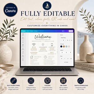May include: A laptop screen displaying a customizable Canva welcome sign template for vacation rentals. The template includes sections for Wi-Fi, location, contact details, house rules, and check-out information, all fully editable within the Canva interface.