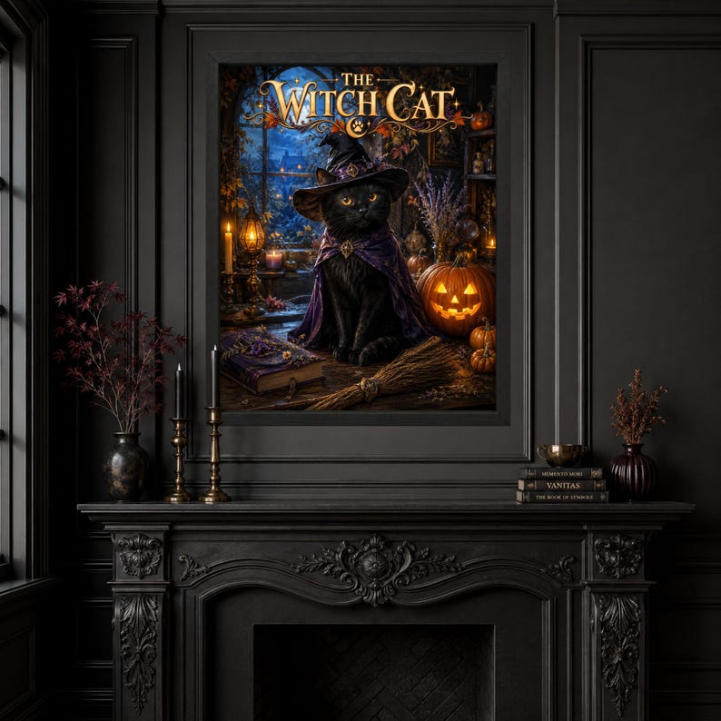 May include: A framed wall art print titled THE WITCH CAT featuring a black cat wearing a purple witch hat and cape. The scene includes a glowing jack-o'-lantern, a broomstick, a spellbook, and candles set against a dark, atmospheric window background.