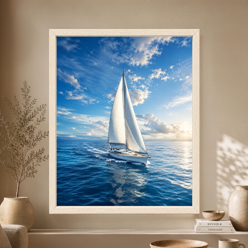 Framed sailboat wall art showing a white sailing yacht crossing deep blue ocean water beneath a wide blue sky with bright clouds and soft sunlight near the horizon.