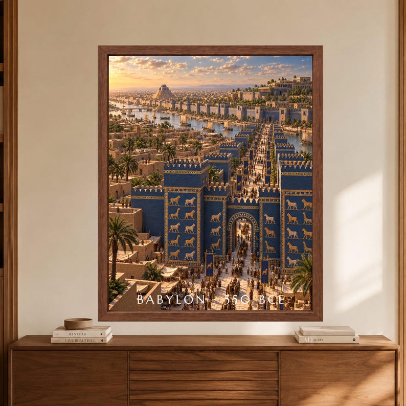 Framed Babylon 550 BCE wall art showing a reconstructed ancient Mesopotamian city with the blue Ishtar Gate, golden animal reliefs, a crowded processional avenue, river traffic, palm trees and monumental temples at sunset.