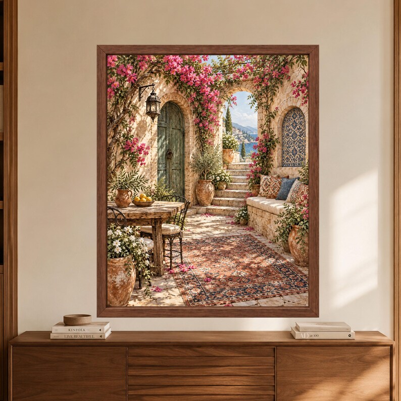 May include: A framed wall art print depicting a Mediterranean patio scene with a stone table, chairs, a patterned rug, and a stone bench. The area is decorated with pink bougainvillea flowers, terracotta pots, a hanging lantern, and an arched doorway.