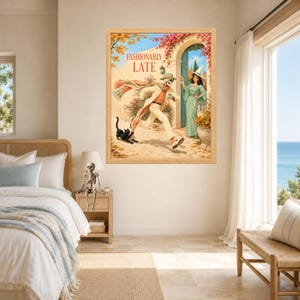 May include: A framed wall art print titled FASHIONABLY LATE, depicting a skeleton in a tan suit and scarf running toward a woman in a green dress and hat standing in a stone archway, accompanied by a black cat on a light-colored stone path.