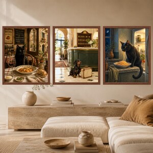 May include: Three framed wall art prints featuring a black cat sitting at a restaurant table with food, a dachshund sitting in a hotel lobby next to a suitcase, and a black cat eating spaghetti from a bowl on a kitchen counter at night.