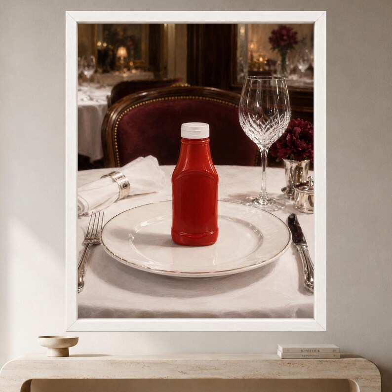 May include: A red plastic squeeze bottle with a white cap sits centered on a white ceramic dinner plate. The plate is arranged on a white tablecloth with a silver fork to the left, a silver knife to the right, and a crystal wine glass nearby.
