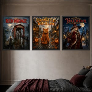 May include: Three framed wall art prints featuring dark fantasy scenes. The left print shows a red covered bridge titled The Red Bridge. The centre print depicts an orange cat on a cobblestone street titled The Orange Cat of Witch Lane. The right print shows a figure in a red cloak titled The Yule Witch.