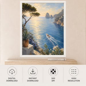 May include: A framed wall art print depicting a coastal Mediterranean scene at sunset. The image features a blue sea with a small motorboat, rocky cliffs, a potted agave plant in the foreground, and white flowers under a golden sky.