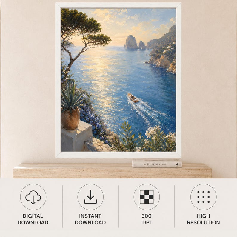 May include: A framed wall art print depicting a coastal Mediterranean scene at sunset. The image features a blue sea with a small motorboat, rocky cliffs, a potted agave plant in the foreground, and white flowers under a golden sky.